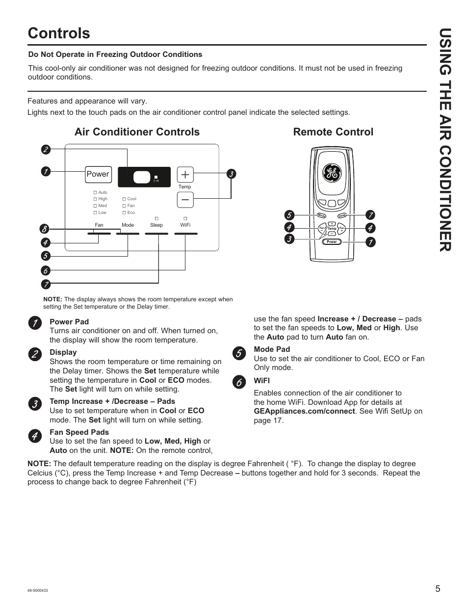 Using the a ir conditioner controls, Air conditioner controls, Remote control | GE 8,050 BTU Smart Window Air Conditioner Installation Instructions User Manual | Page 5 / 40