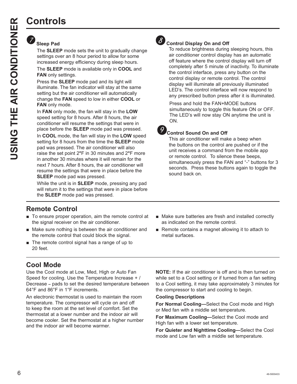 Using the a ir conditioner controls, Remote control, Cool mode | GE 8,050 BTU Smart Window Air Conditioner Installation Instructions User Manual | Page 6 / 40