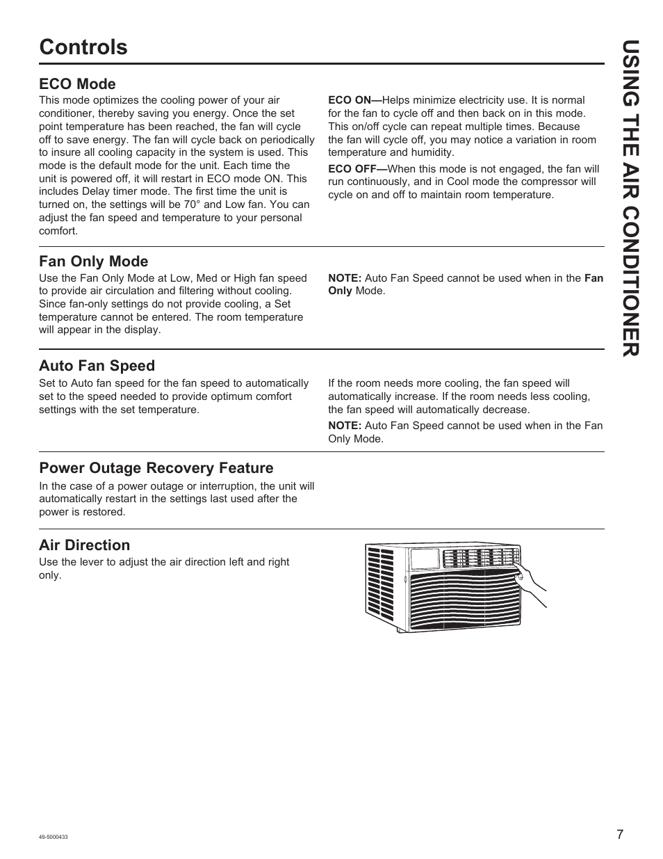 Using the a ir conditioner controls, Eco mode, Fan only mode | Auto fan speed, Power outage recovery feature, Air direction | GE 8,050 BTU Smart Window Air Conditioner Installation Instructions User Manual | Page 7 / 40