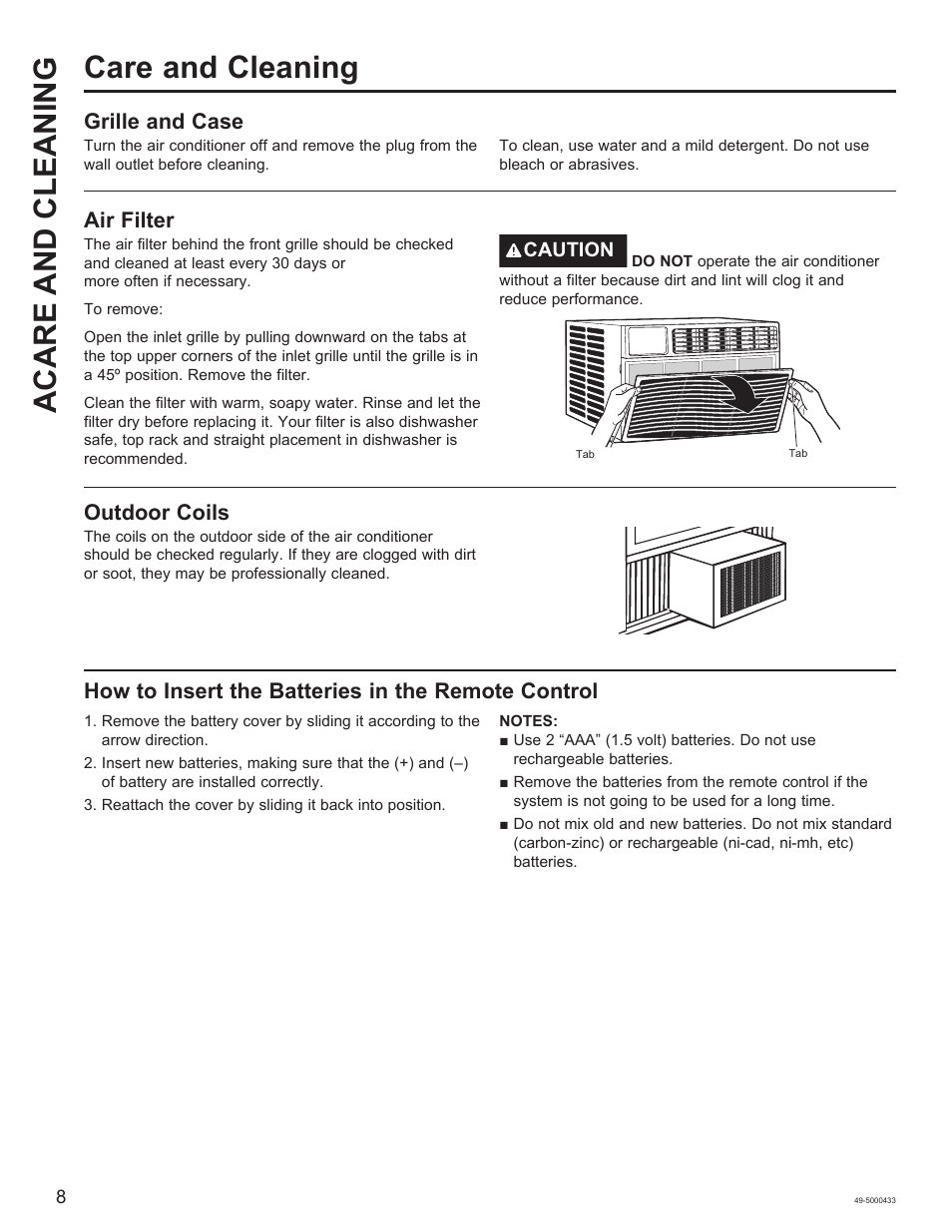 Care and cleaning, Acare and cleaning, Air filter | Grille and case, Outdoor coils, How to insert the batteries in the remote control | GE 8,050 BTU Smart Window Air Conditioner Installation Instructions User Manual | Page 8 / 40