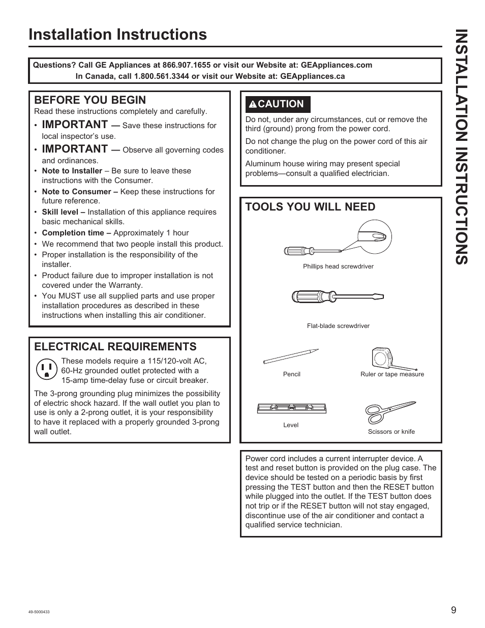 Before you begin, Important, Electrical requirements | Tools you will need | GE 8,050 BTU Smart Window Air Conditioner Installation Instructions User Manual | Page 9 / 40