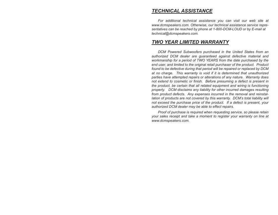 Technical assistance, Two year limited warranty | DCM Speakers TB2 User Manual | Page 2 / 10