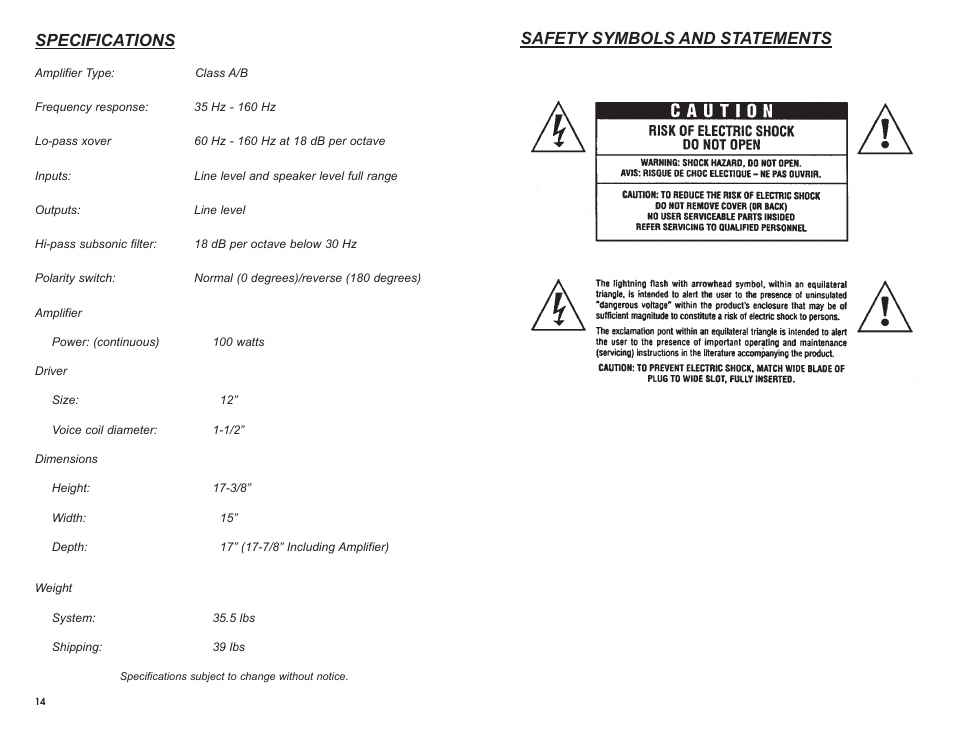 Specifications, Safety symbols and statements | DCM Speakers TB2 User Manual | Page 3 / 10