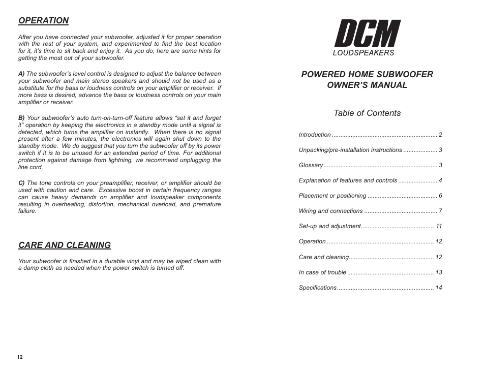 Operation, Care and cleaning | DCM Speakers TB2 User Manual | Page 5 / 10