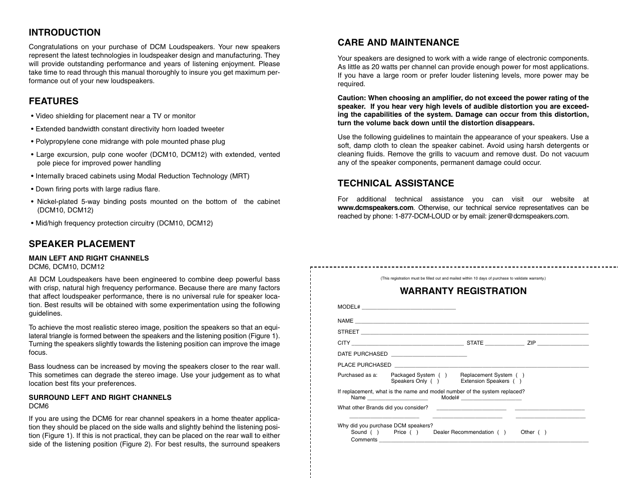 Introduction, Features, Speaker placement | Care and maintenance, Technical assistance, Warranty registration | DCM Speakers DCM12 User Manual | Page 2 / 4