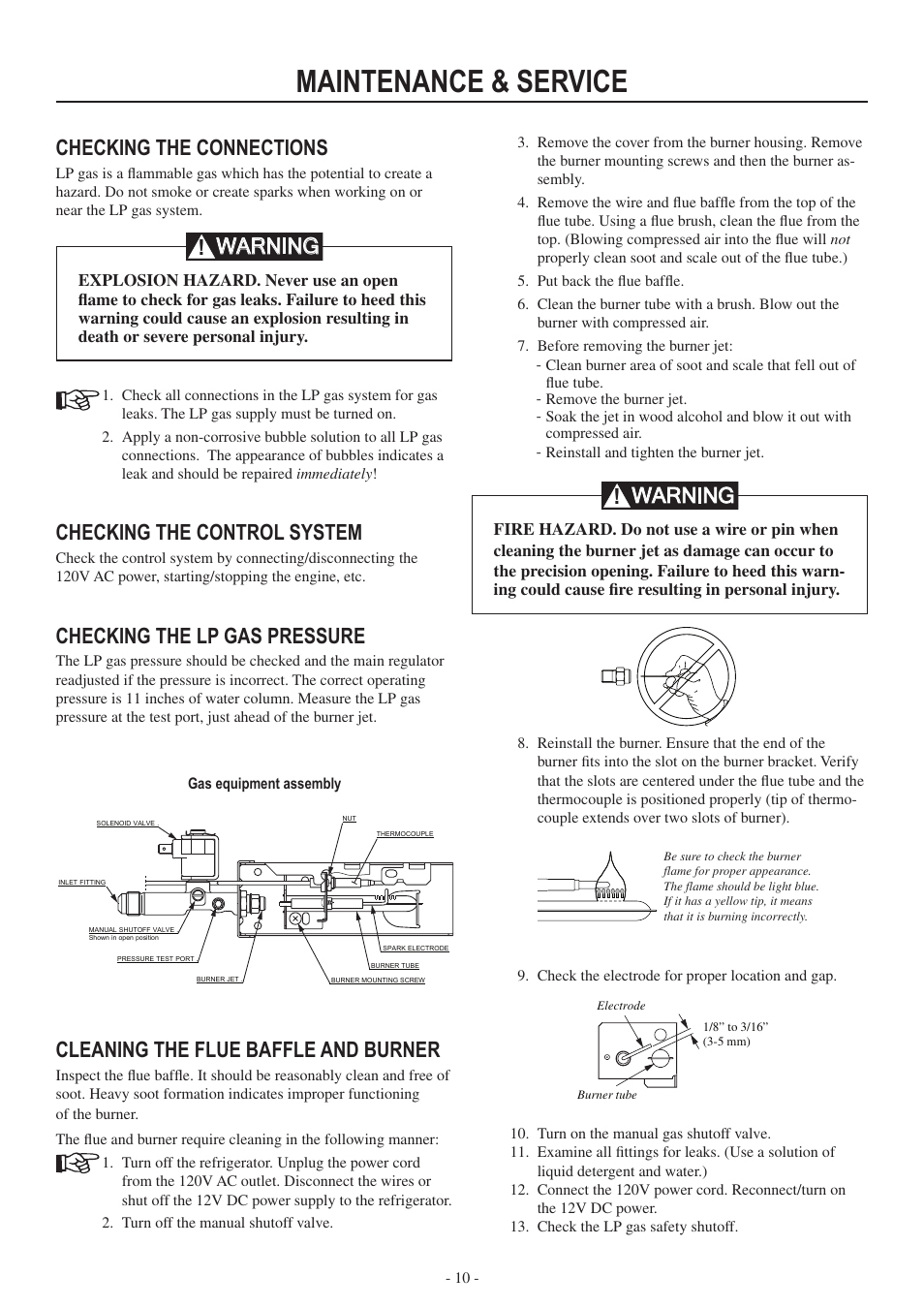 Maintenance & service, Cleaning the flue baffle and burner, Checking the connections | Checking the control system, Checking the lp gas pressure, Warning | Dometic RM3962 User Manual | Page 10 / 20