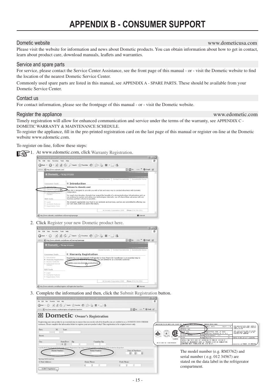 Appendix b - consumer support | Dometic RM3962 User Manual | Page 15 / 20