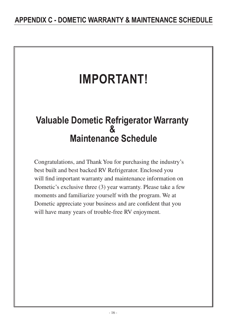 Important | Dometic RM3962 User Manual | Page 16 / 20