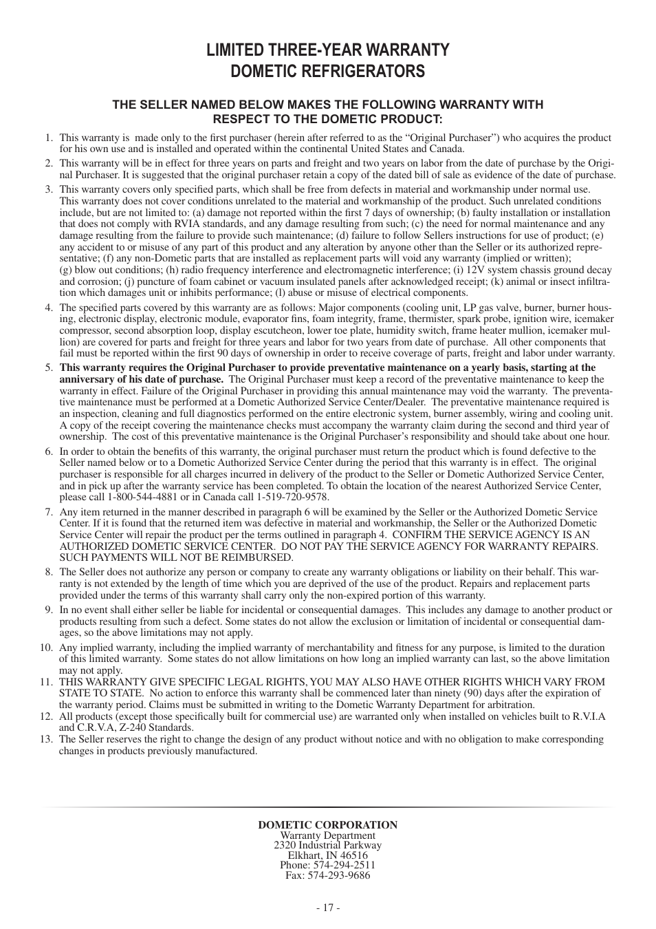 Limited three-year warranty dometic refrigerators | Dometic RM3962 User Manual | Page 17 / 20