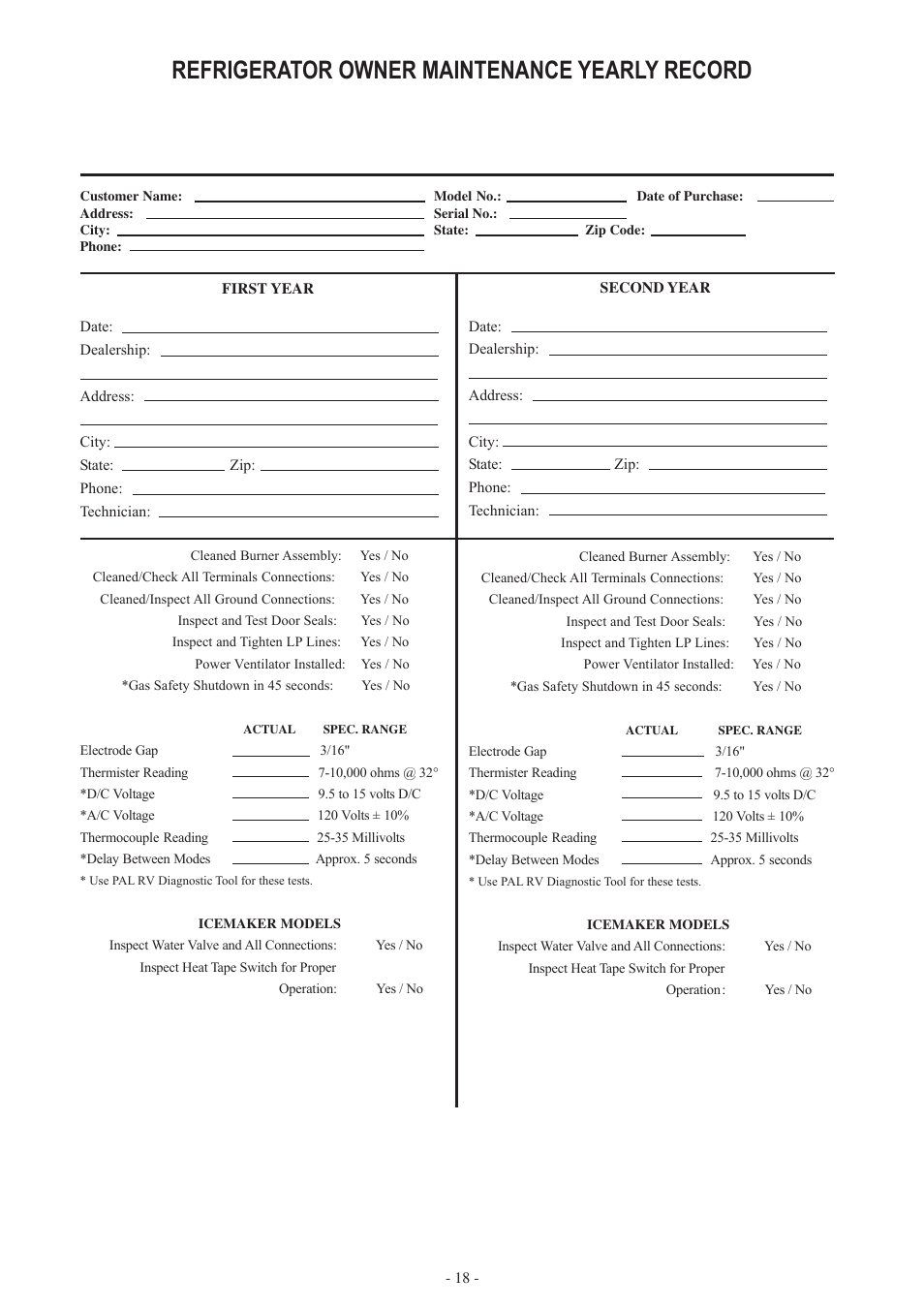 Refrigerator owner maintenance yearly record | Dometic RM3962 User Manual | Page 18 / 20