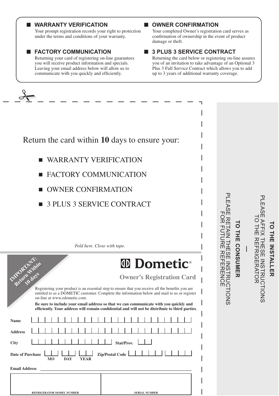 Return the card within 10 days to ensure your | Dometic RM3962 User Manual | Page 20 / 20