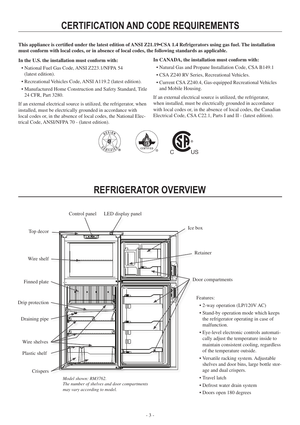 Refrigerator overview, Certification and code requirements | Dometic RM3962 User Manual | Page 3 / 20
