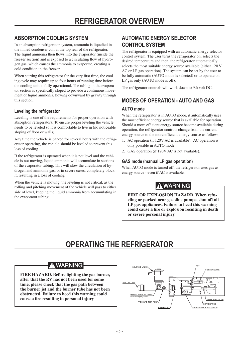 Refrigerator overview, Operating the refrigerator, Absorption cooling system | Automatic energy selector control system, Modes of operation - auto and gas, Warning | Dometic RM3962 User Manual | Page 5 / 20