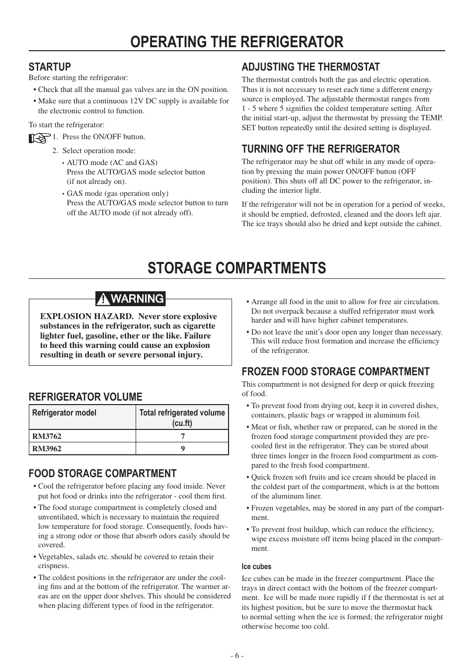 Storage compartments, Operating the refrigerator, Startup | Refrigerator volume, Food storage compartment, Frozen food storage compartment, Warning, Adjusting the thermostat, Turning off the refrigerator | Dometic RM3962 User Manual | Page 6 / 20