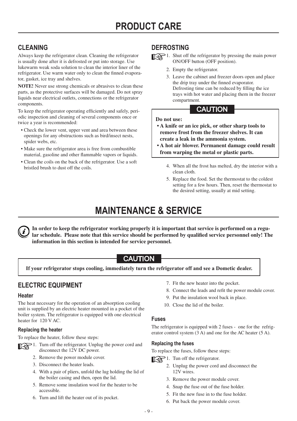 Product care maintenance & service, Defrosting, Cleaning | Electric equipment, Caution | Dometic RM3962 User Manual | Page 9 / 20