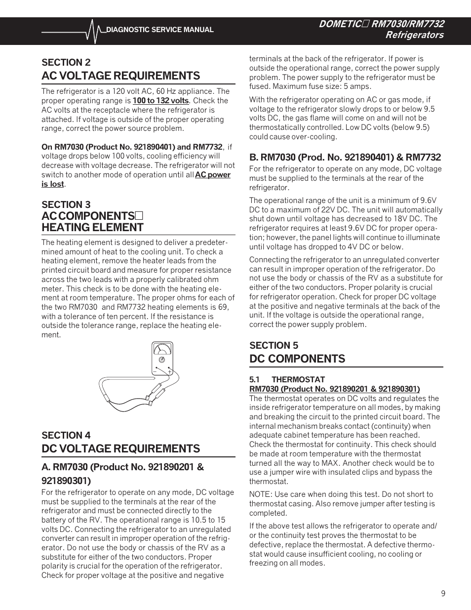 Ac voltage requirements, Heating element, Dc voltage requirements | Ac components heating element, Dc components | Dometic RM7732 User Manual | Page 12 / 38