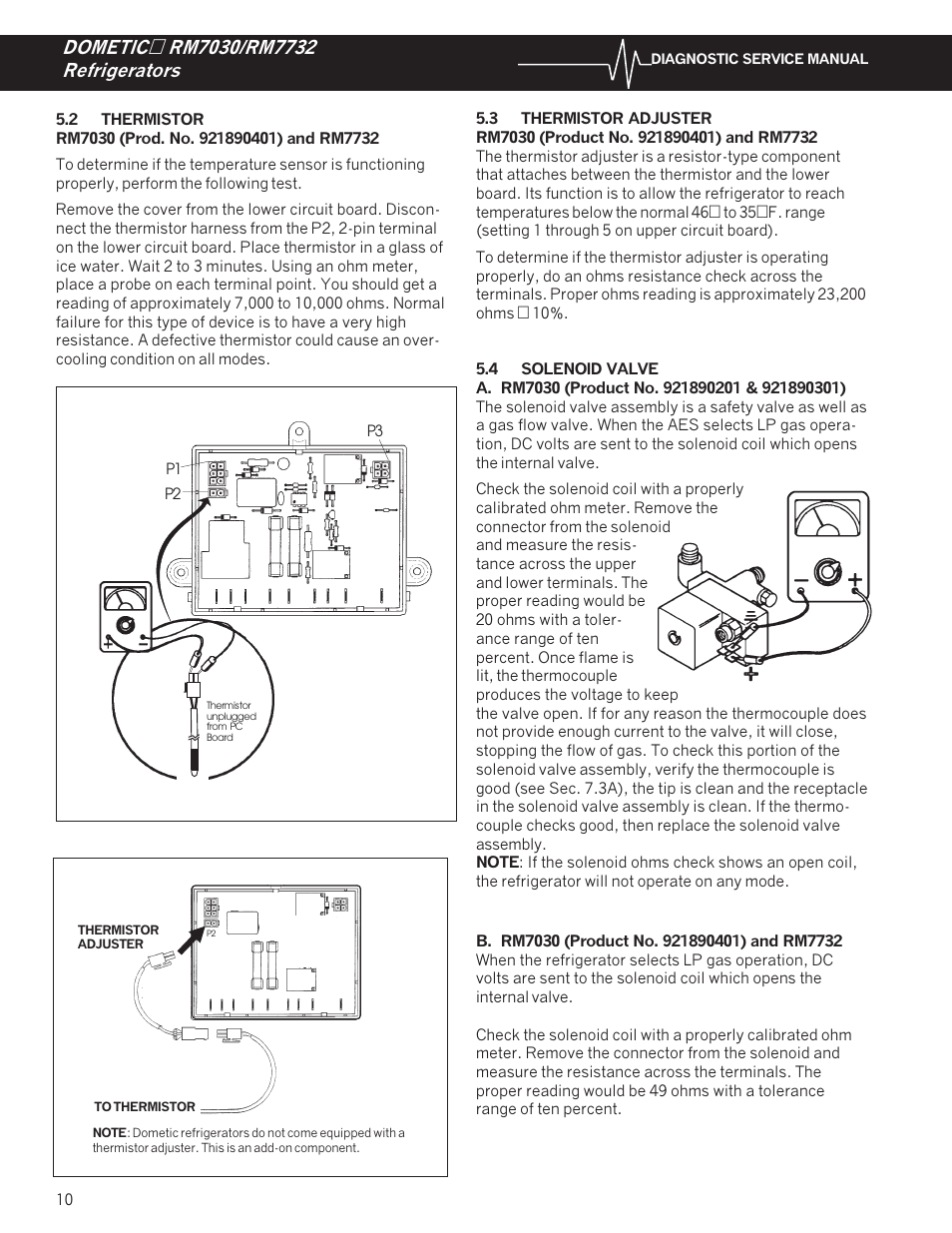 Thermistor: rm7030 (prod. no. 921890401) & rm7732, Solenoid valve | Dometic RM7732 User Manual | Page 13 / 38