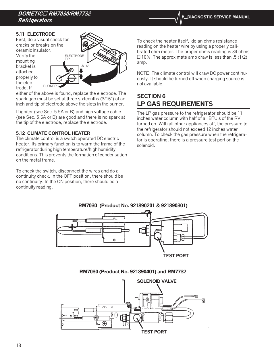 11 electrode, 12 climate control heater, Lp gas requirements | Dometic RM7732 User Manual | Page 21 / 38