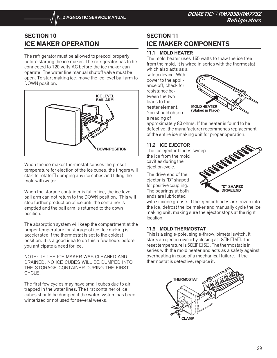 Ice maker operation, 1 mold heater, 2 ice ejector | 3 mold thermostat, Ice maker components | Dometic RM7732 User Manual | Page 32 / 38