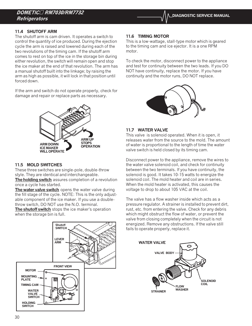 4 shutoff arm, 5 mold switches, 6 timing motor | 7 water valve | Dometic RM7732 User Manual | Page 33 / 38