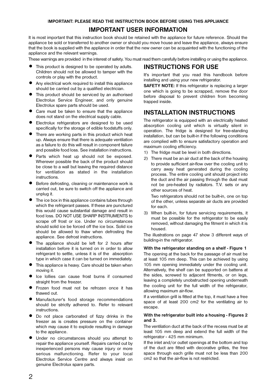 Important user information, Instructions for use, Installation instructions | Dometic EA3210 User Manual | Page 2 / 9