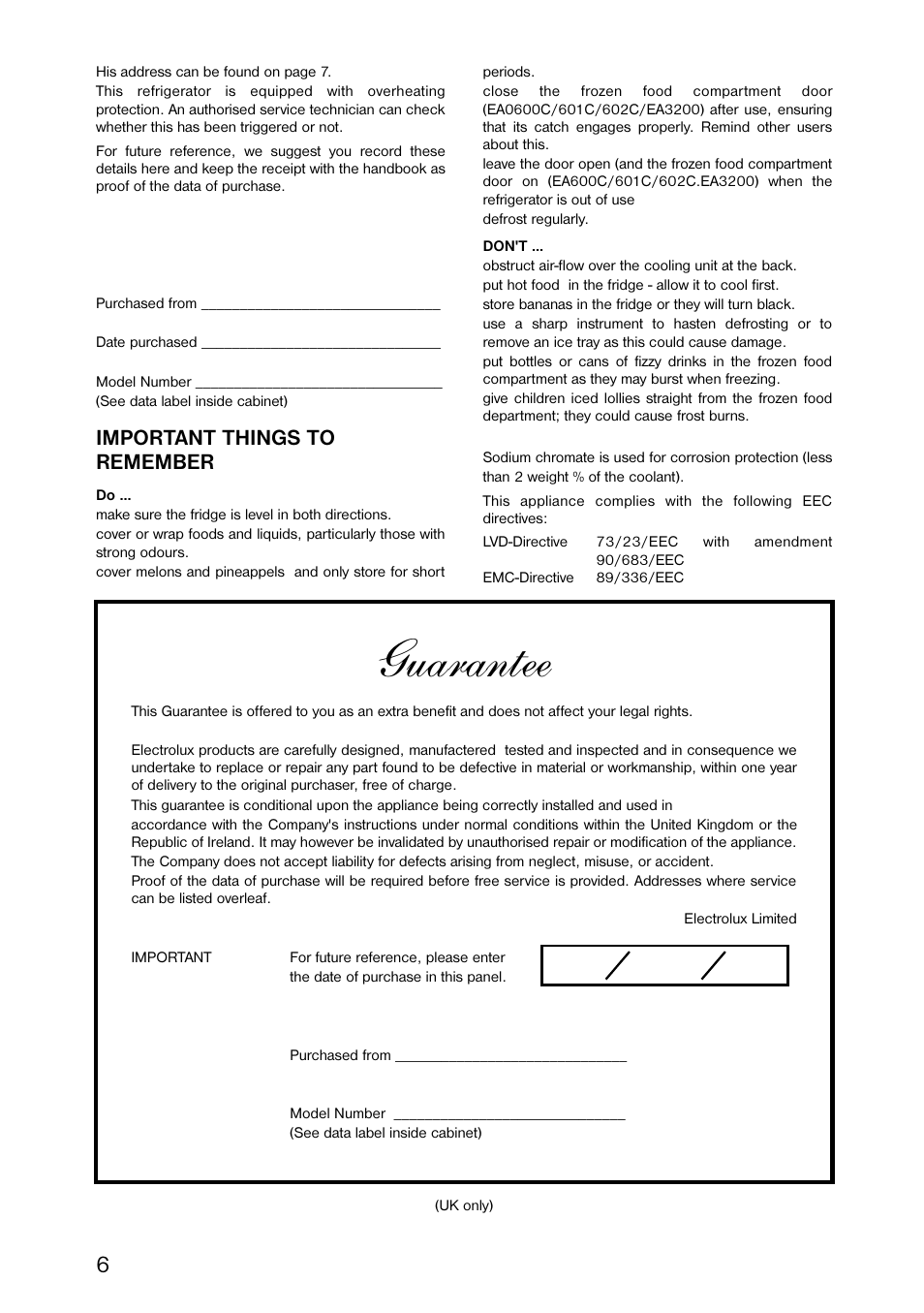 Guarantee, Important things to remember | Dometic EA3210 User Manual | Page 6 / 9