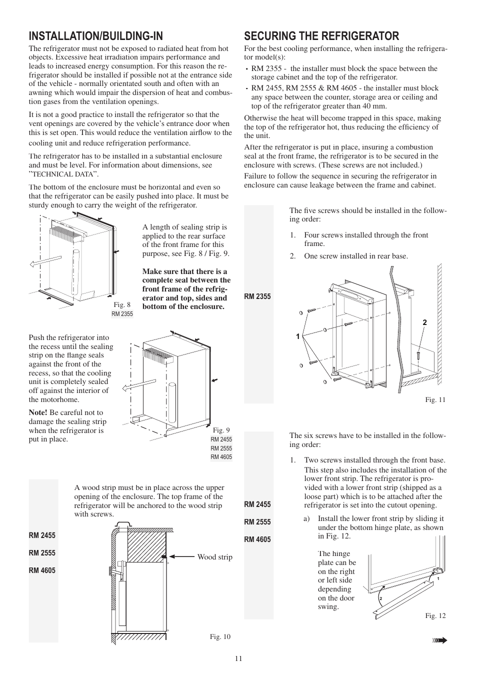 Securing the refrigerator, Installation/building-in | Dometic RM 2355 User Manual | Page 11 / 24