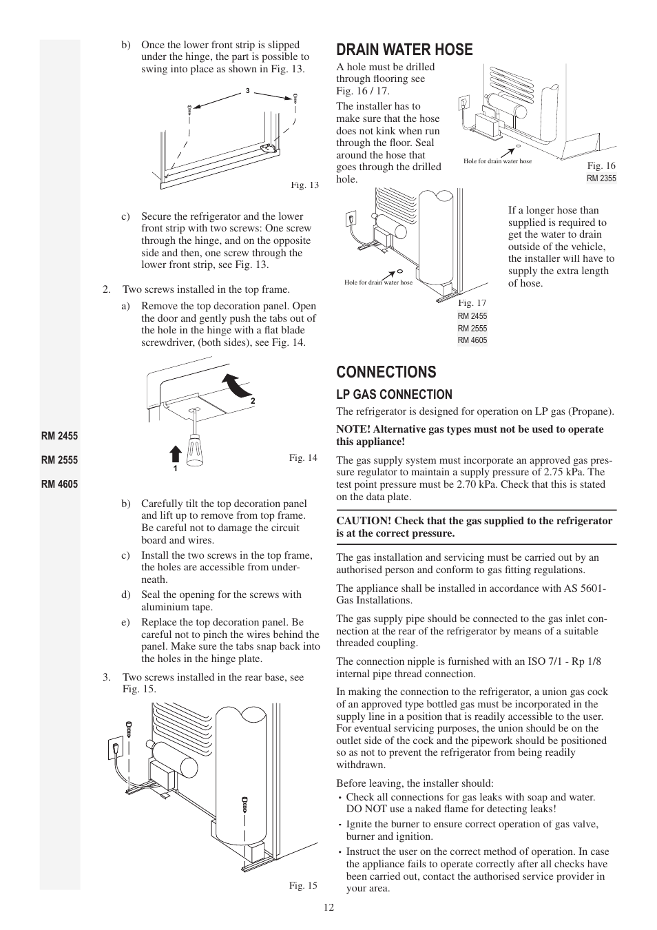 Drain water hose, Connections | Dometic RM 2355 User Manual | Page 12 / 24