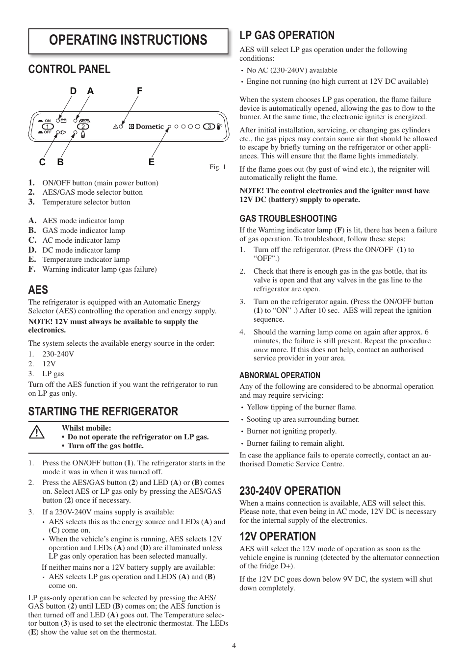 Operating instructions, Lp gas operation, 240v operation | 12v operation, Control panel, Starting the refrigerator | Dometic RM 2355 User Manual | Page 4 / 24