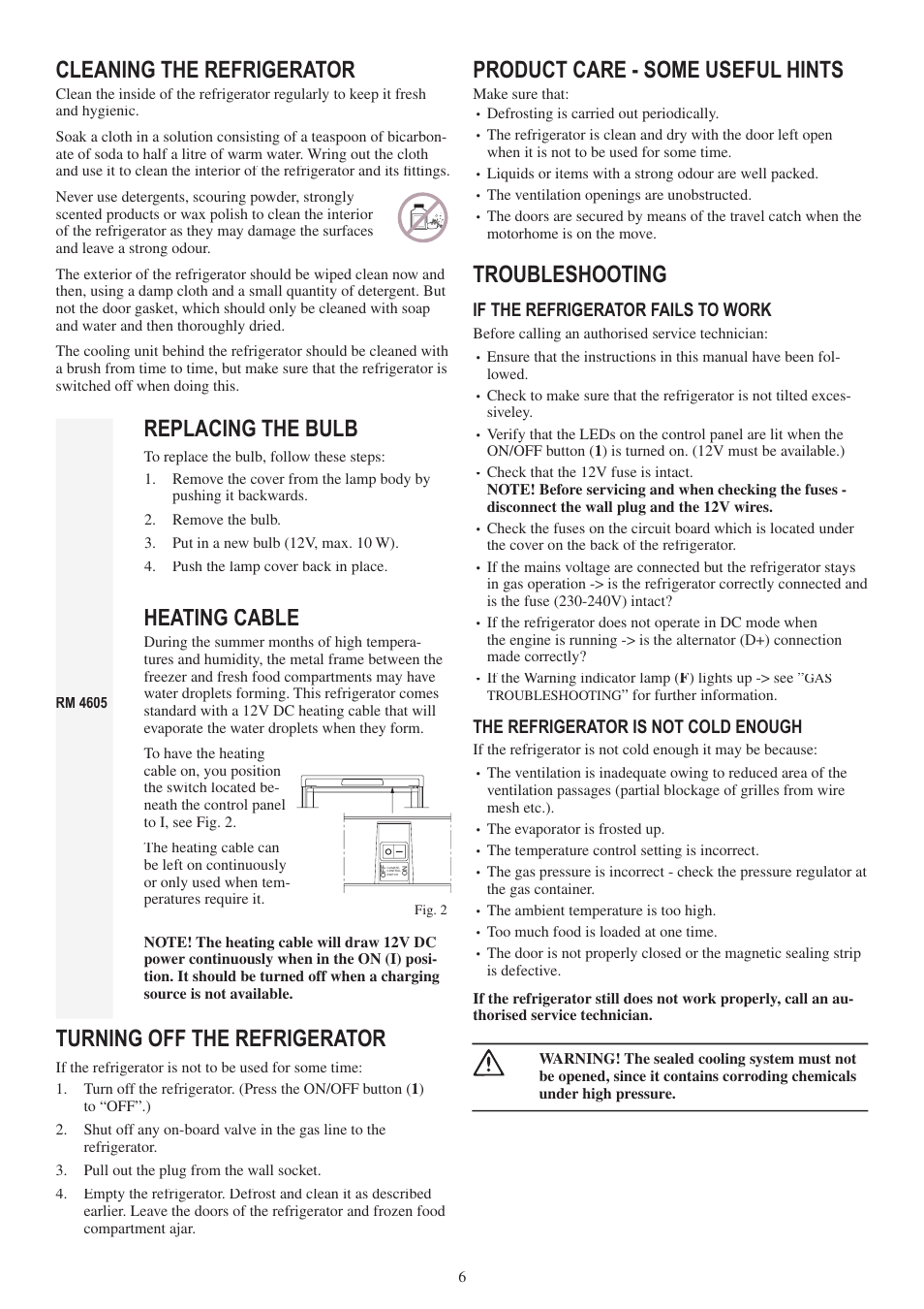 Cleaning the refrigerator, Replacing the bulb, Heating cable | Turning off the refrigerator, Product care - some useful hints, Troubleshooting | Dometic RM 2355 User Manual | Page 6 / 24