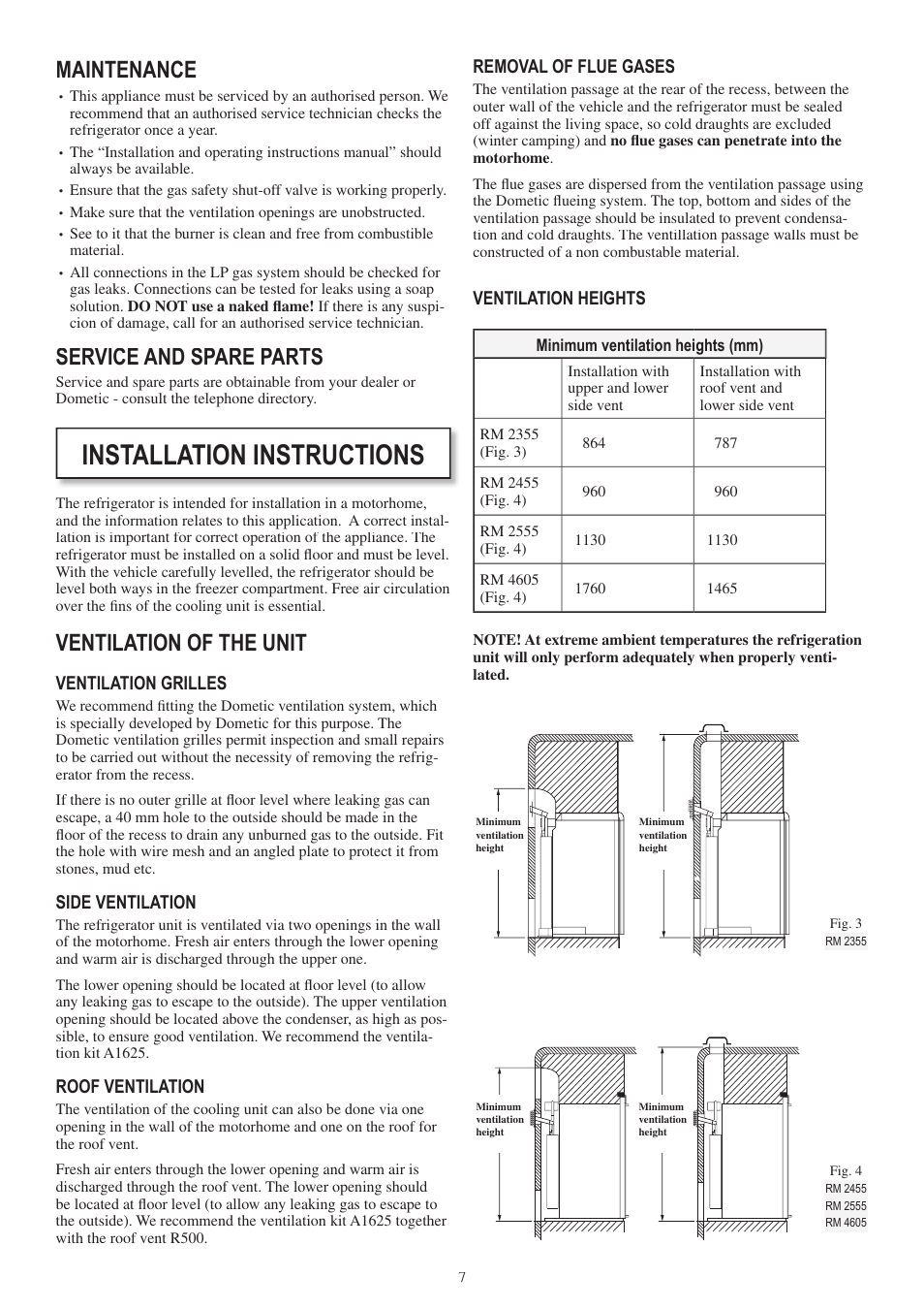 Installation instructions, Maintenance, Service and spare parts | Ventilation of the unit | Dometic RM 2355 User Manual | Page 7 / 24