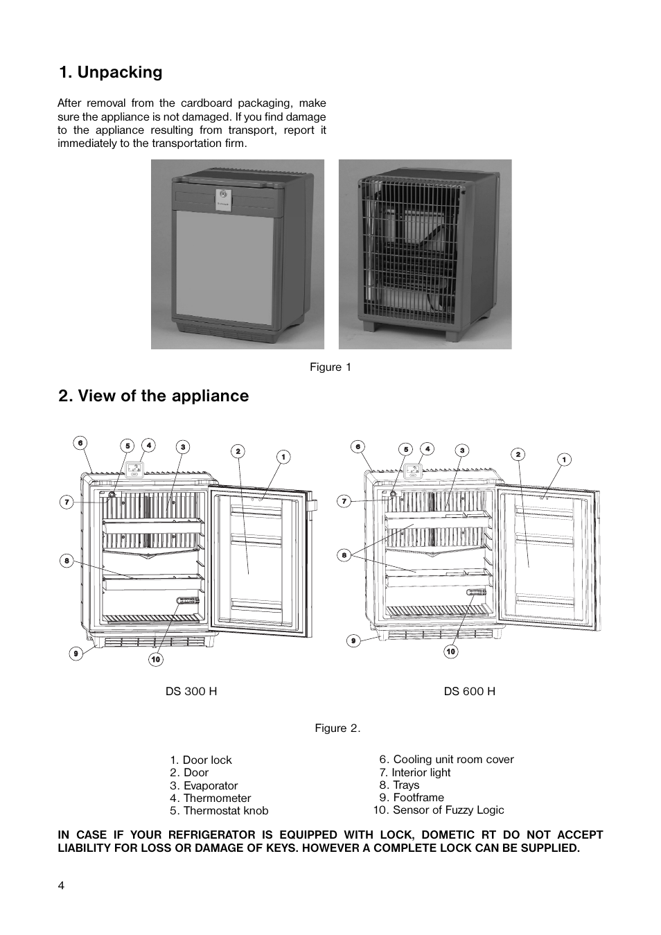 Unpacking, View of the appliance | Dometic DS 300 H User Manual | Page 4 / 8