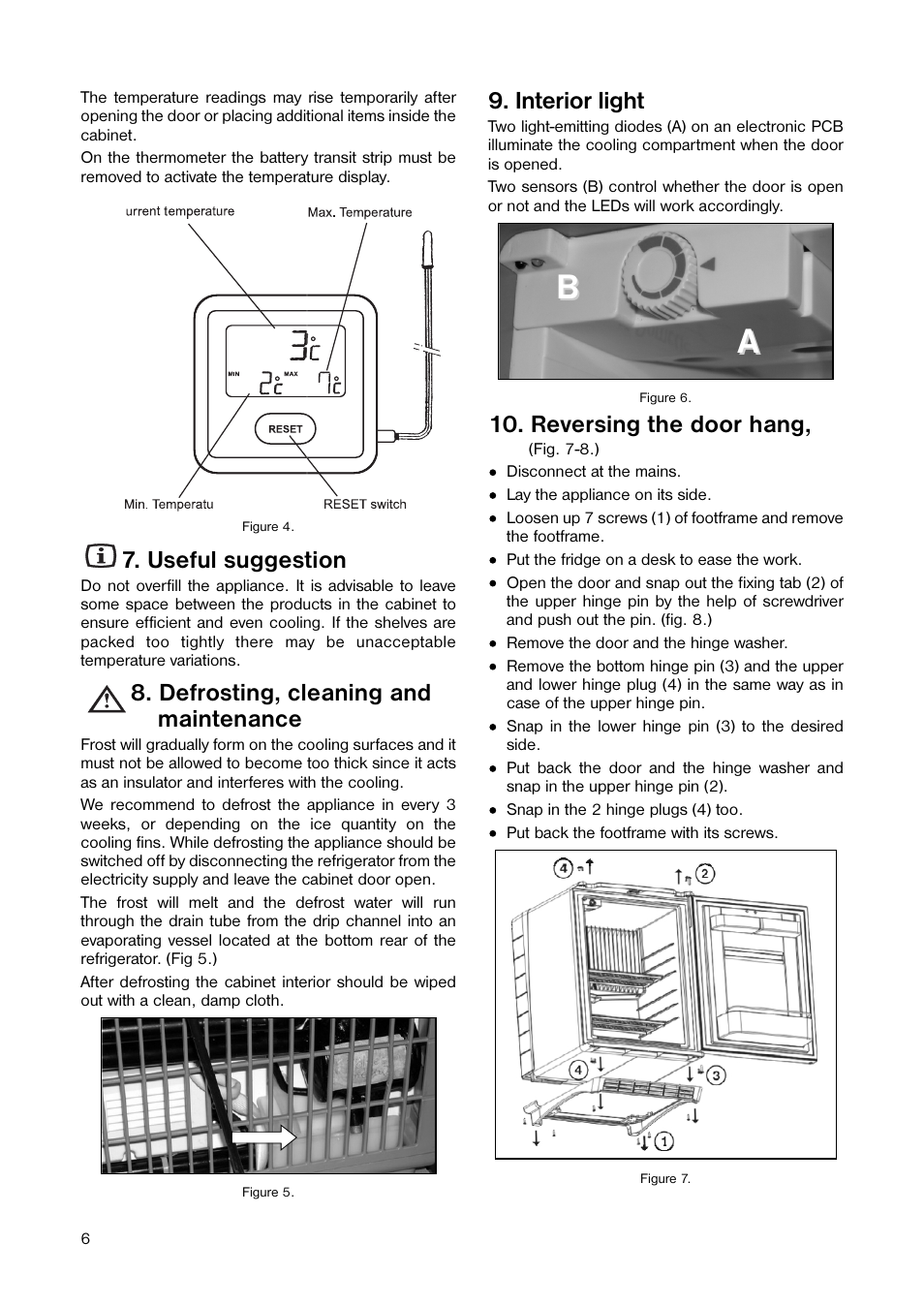 Ba a, Useful suggestion, Defrosting, cleaning and maintenance | Interior light, Reversing the door hang | Dometic DS 300 H User Manual | Page 6 / 8