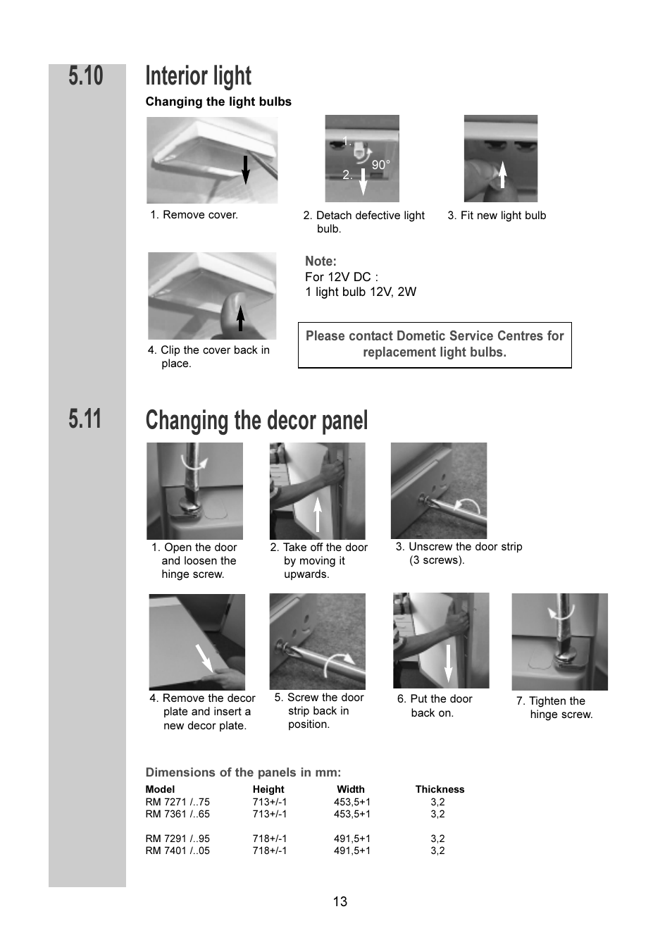 Interior light, Changing the decor panel | Dometic RM 7401 L User Manual | Page 13 / 30