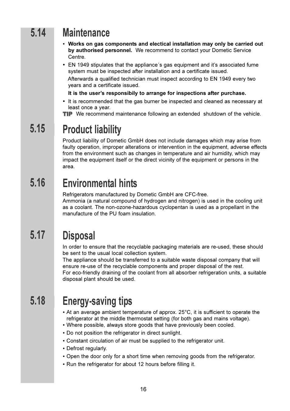 Maintenance, Product liability, Environmental hints | Disposal, Energy-saving tips | Dometic RM 7401 L User Manual | Page 16 / 30
