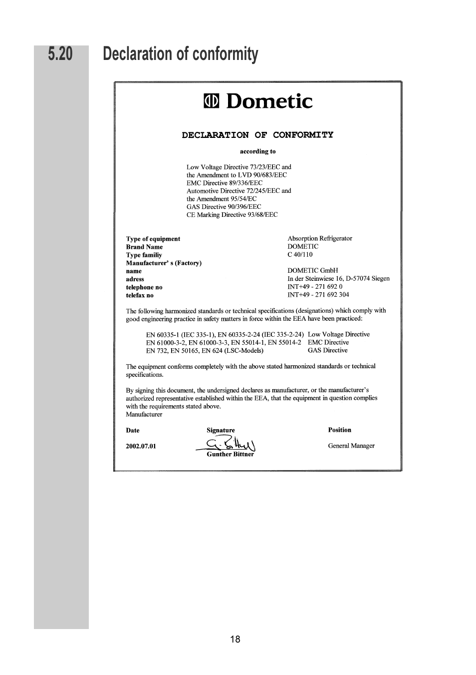Declaration of conformity 5.20 | Dometic RM 7401 L User Manual | Page 18 / 30