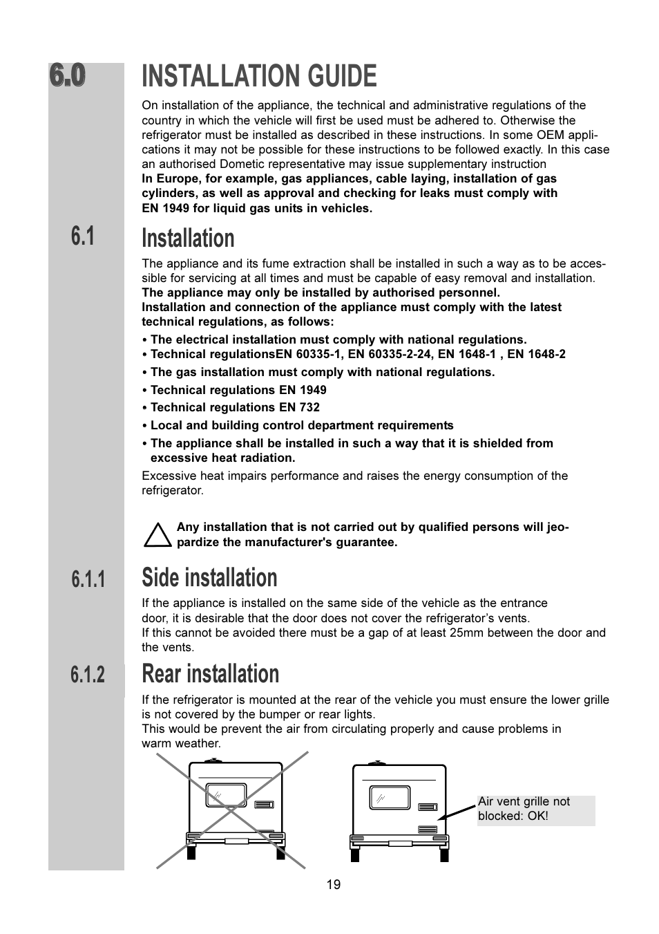 Installation guide, Installation, Side installation | Rear installation | Dometic RM 7401 L User Manual | Page 19 / 30