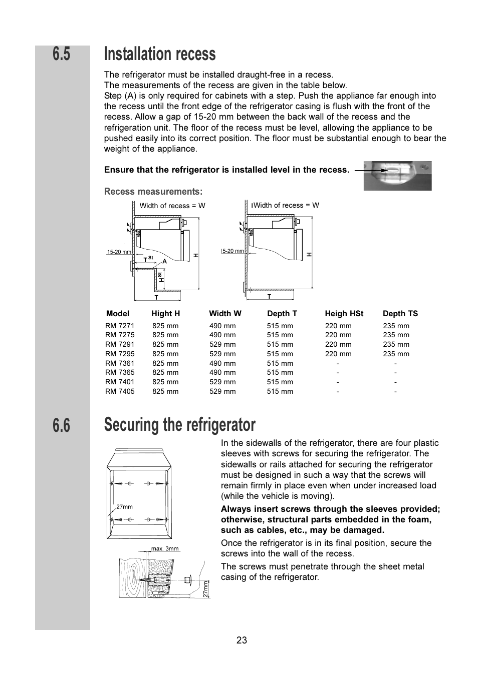 Installation recess, Securing the refrigerator | Dometic RM 7401 L User Manual | Page 23 / 30