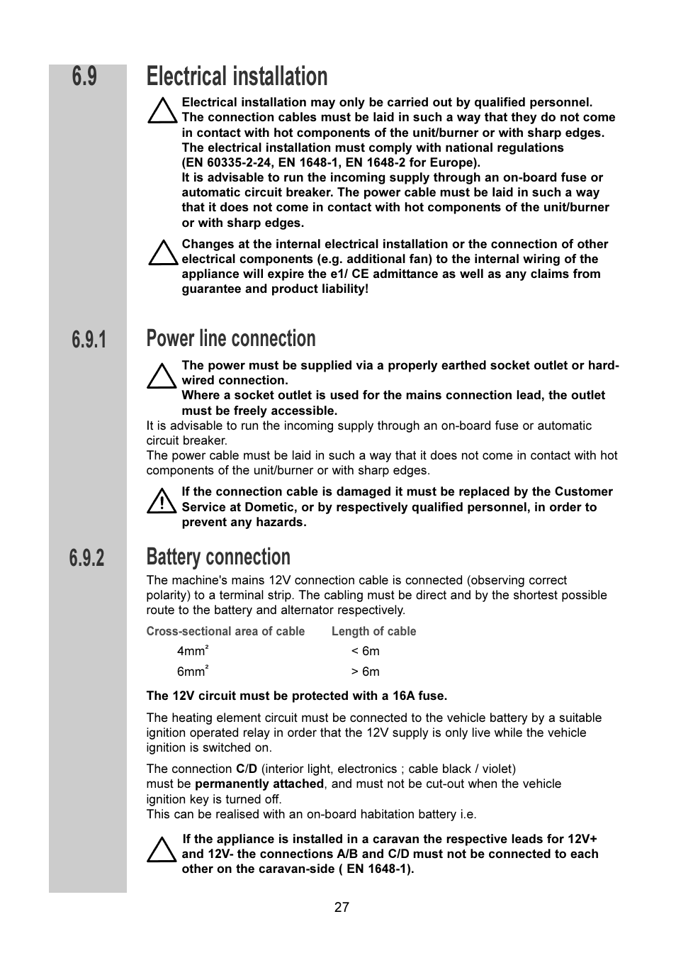 Electrical installation, Power line connection, Battery connection | Dometic RM 7401 L User Manual | Page 27 / 30