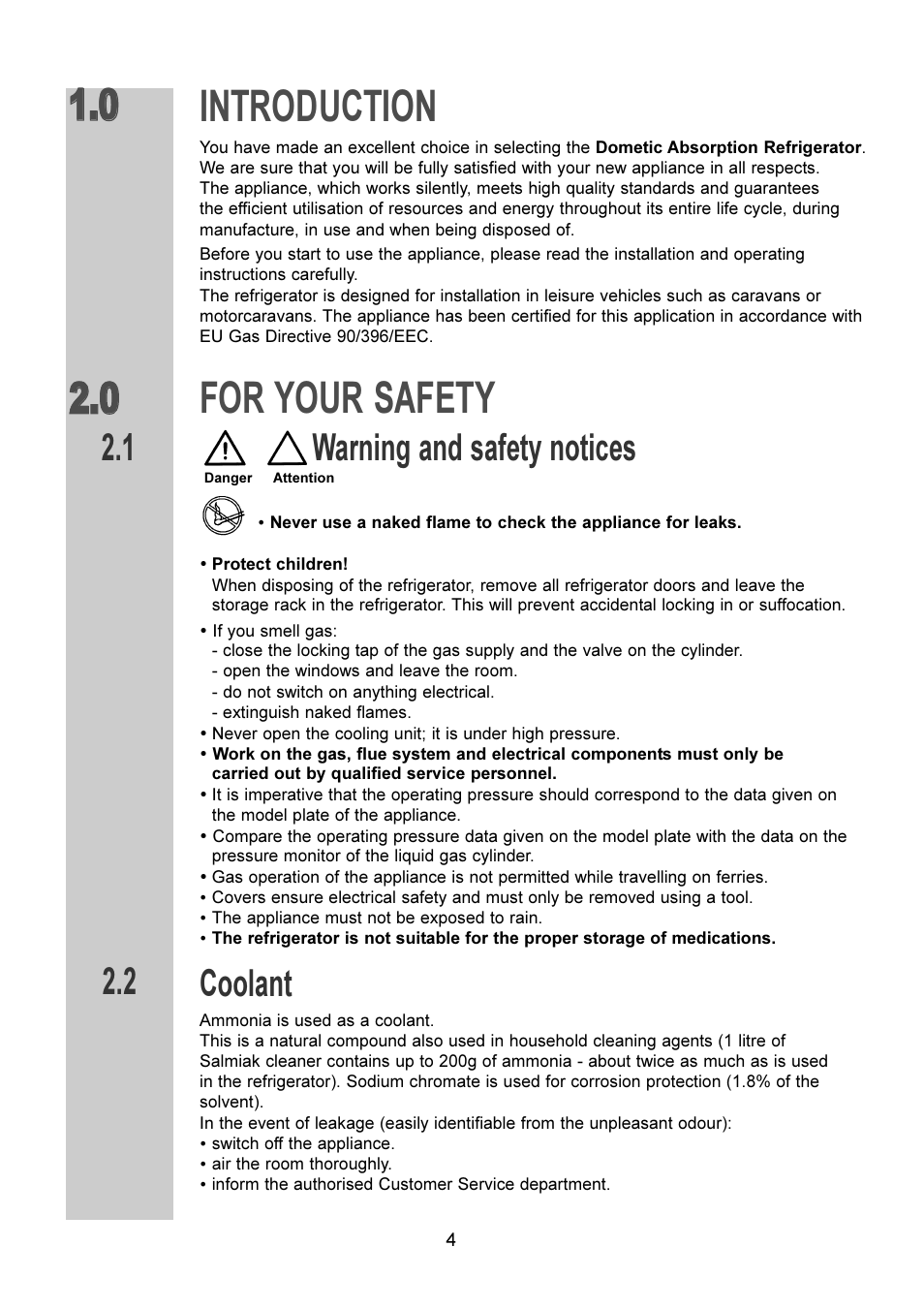 Introduction, For your safety, Warning and safety notices | Coolant | Dometic RM 7401 L User Manual | Page 4 / 30