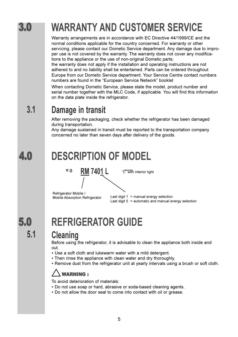 Warranty and customer service, Description of model refrigerator guide, Damage in transit | Cleaning, Rm 7401 l | Dometic RM 7401 L User Manual | Page 5 / 30
