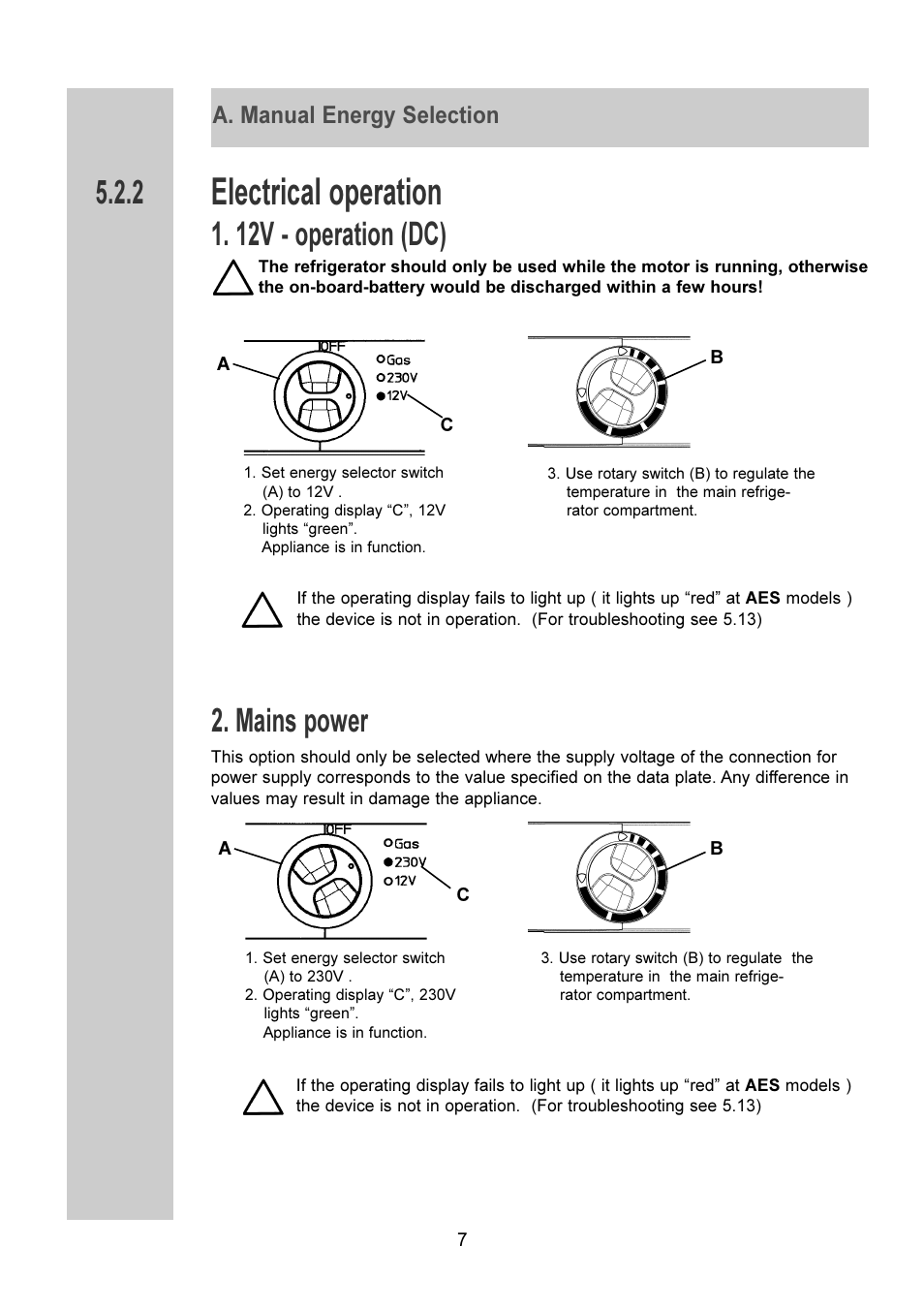 Electrical operation, 12v - operation (dc), Mains power | A. manual energy selection | Dometic RM 7401 L User Manual | Page 7 / 30