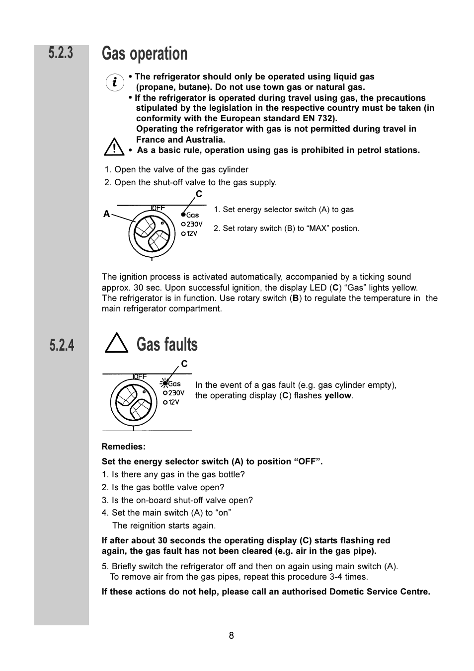 Gas operation, Gas faults | Dometic RM 7401 L User Manual | Page 8 / 30