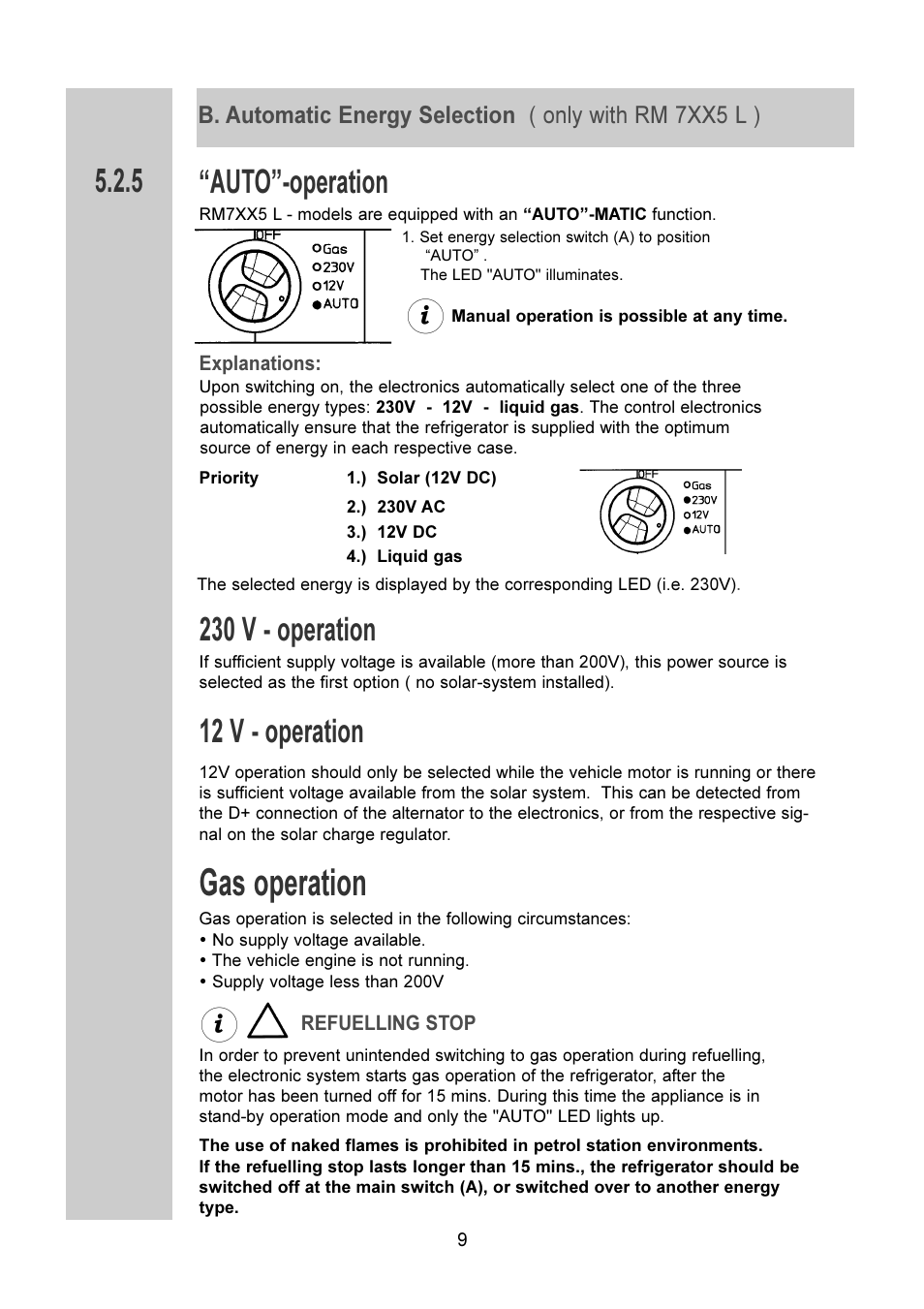 Gas operation, Auto-operation, 230 v - operation | 12 v - operation | Dometic RM 7401 L User Manual | Page 9 / 30