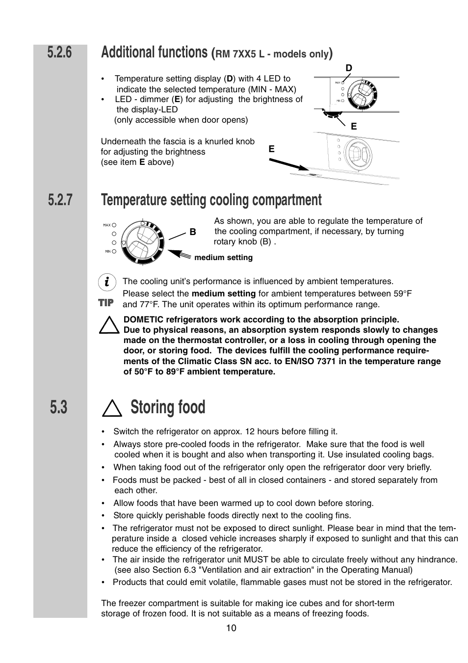 Storing food, Additional functions, Temperature setting cooling compartment | Dometic RM 7361 L User Manual | Page 10 / 28