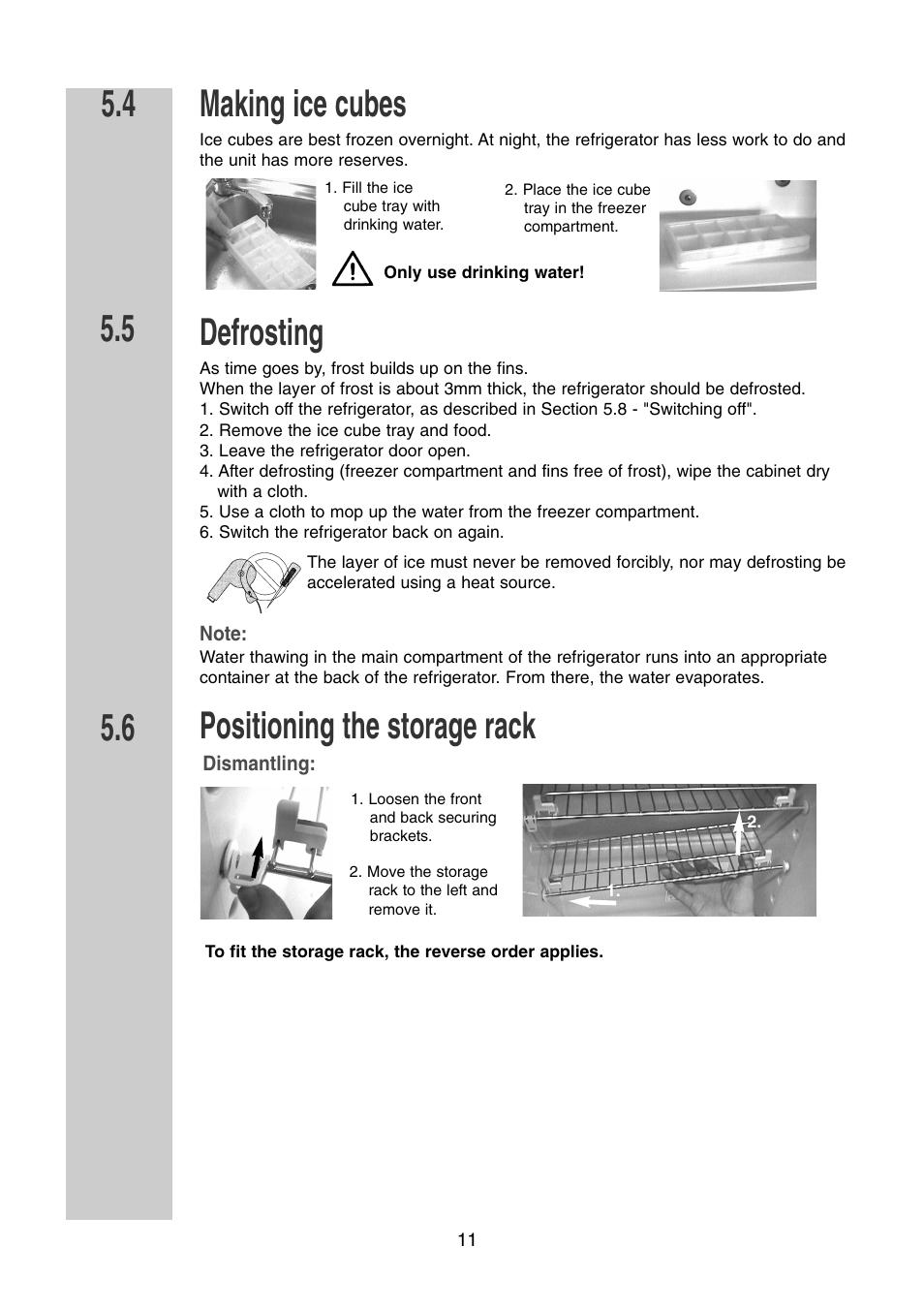 Making ice cubes, Defrosting, Positioning the storage rack 5.5 5.6 | Dometic RM 7361 L User Manual | Page 11 / 28
