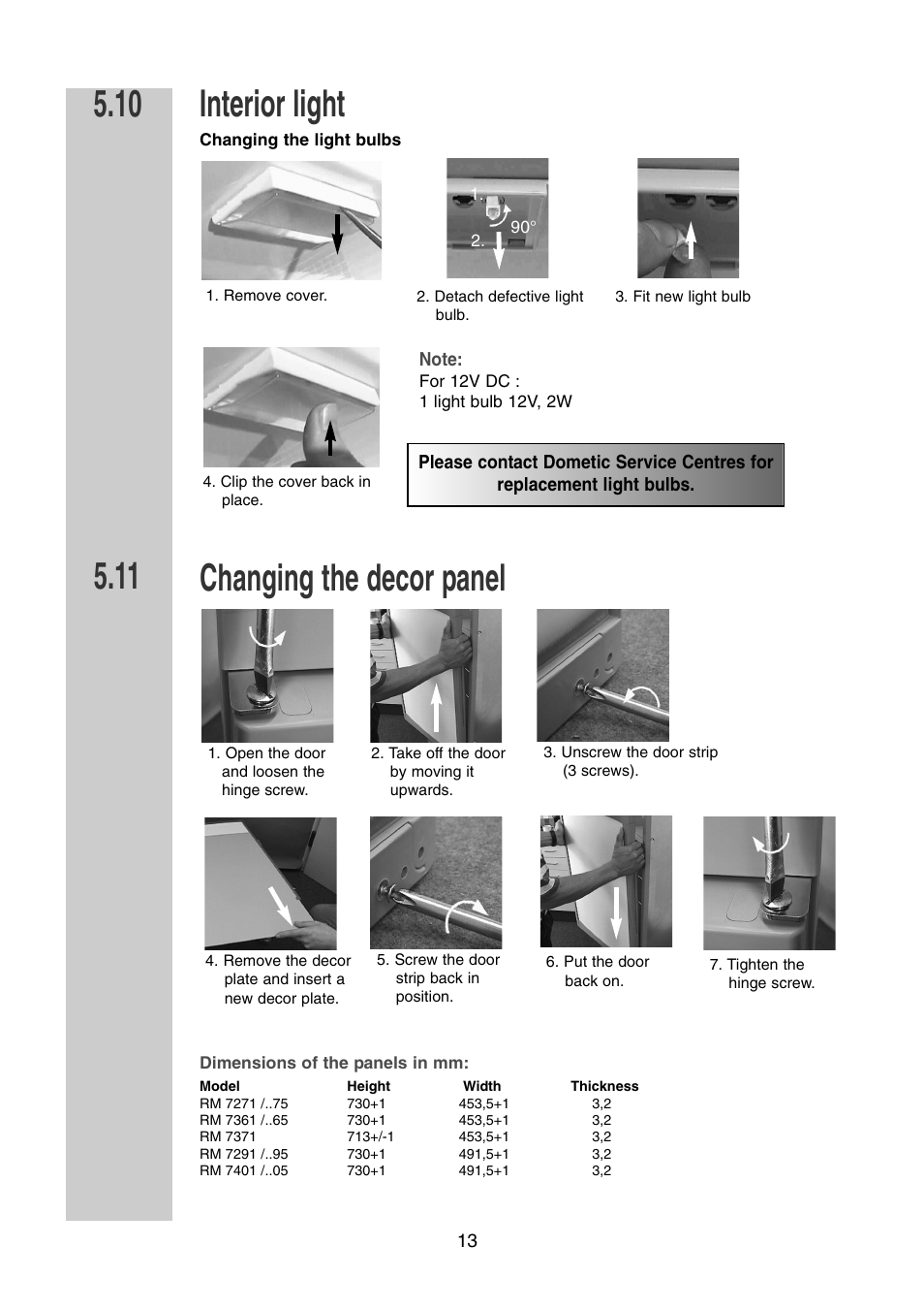 Interior light, Changing the decor panel | Dometic RM 7361 L User Manual | Page 13 / 28