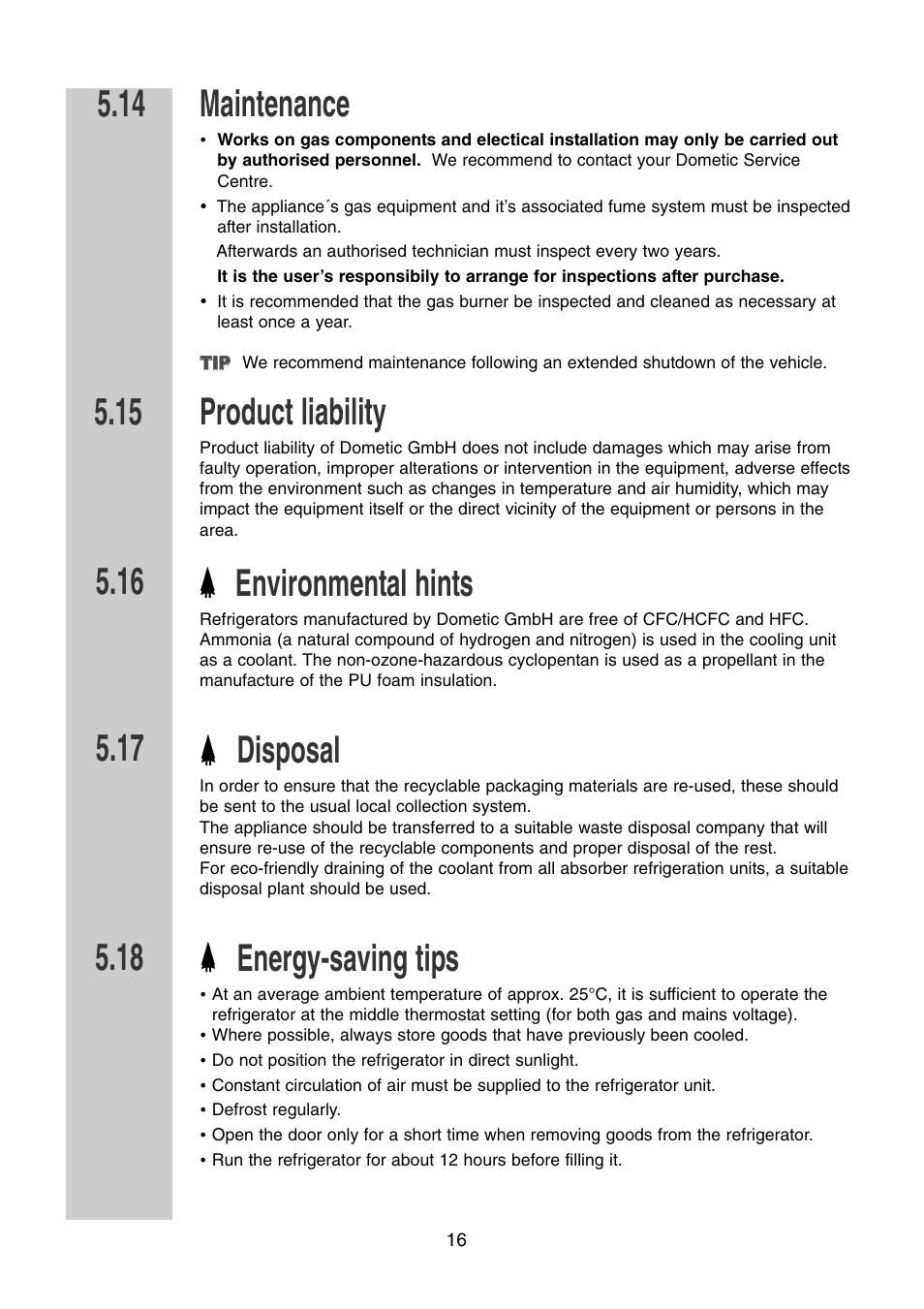 Maintenance, Product liability, Environmental hints | Disposal, Energy-saving tips | Dometic RM 7361 L User Manual | Page 16 / 28