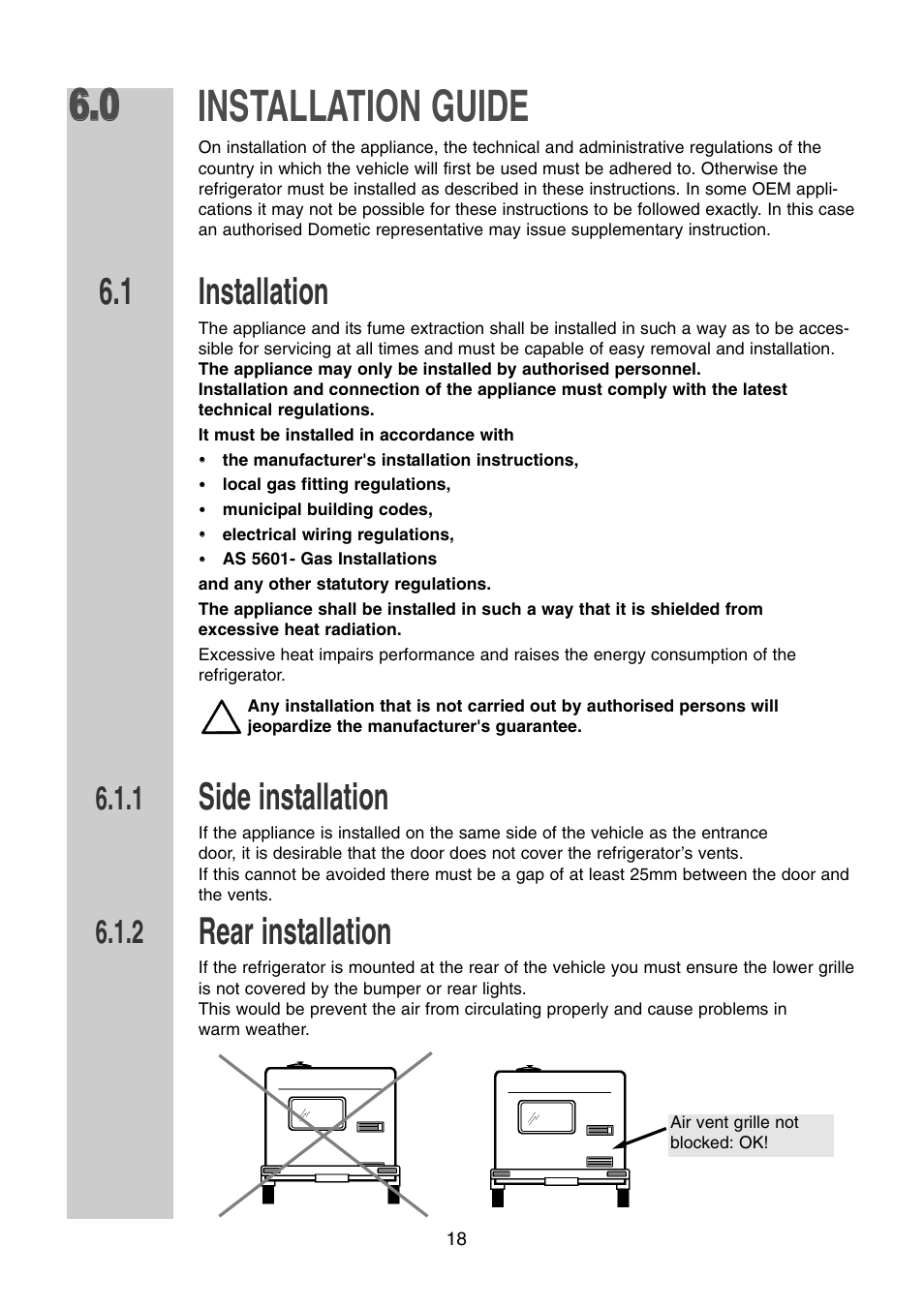 Installation guide, Installation, Side installation | Rear installation | Dometic RM 7361 L User Manual | Page 18 / 28