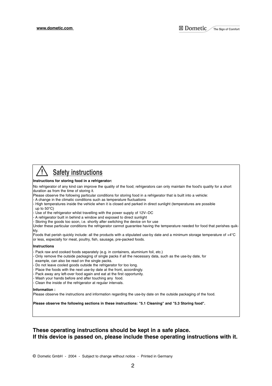 Safety instructions | Dometic RM 7361 L User Manual | Page 2 / 28